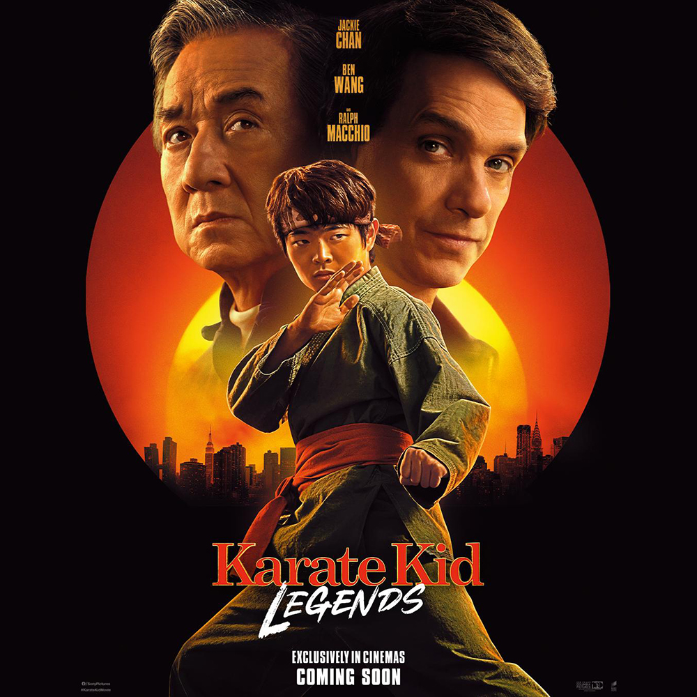 "Poster of Karate Kid: Legends featuring Jackie Chan, Ben Wang, and Ralph Macchio with a cityscape background and red sun"