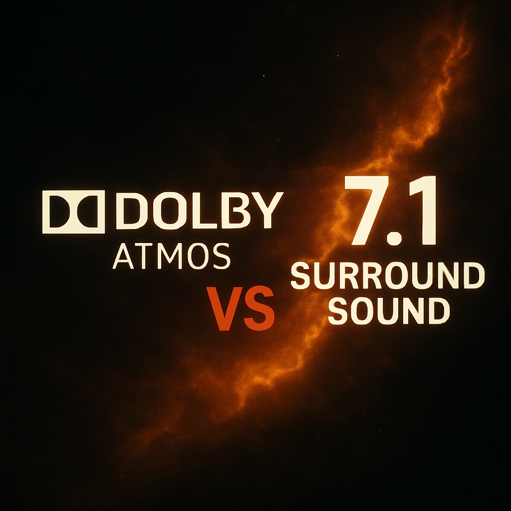 A comparison graphic with the text “Dolby Atmos vs 7.1 Surround Sound” on a dark cosmic background.