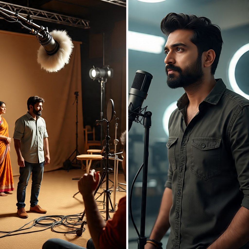 Split image showing an Indian film crew on set and an actor recording dialogue at a microphone.