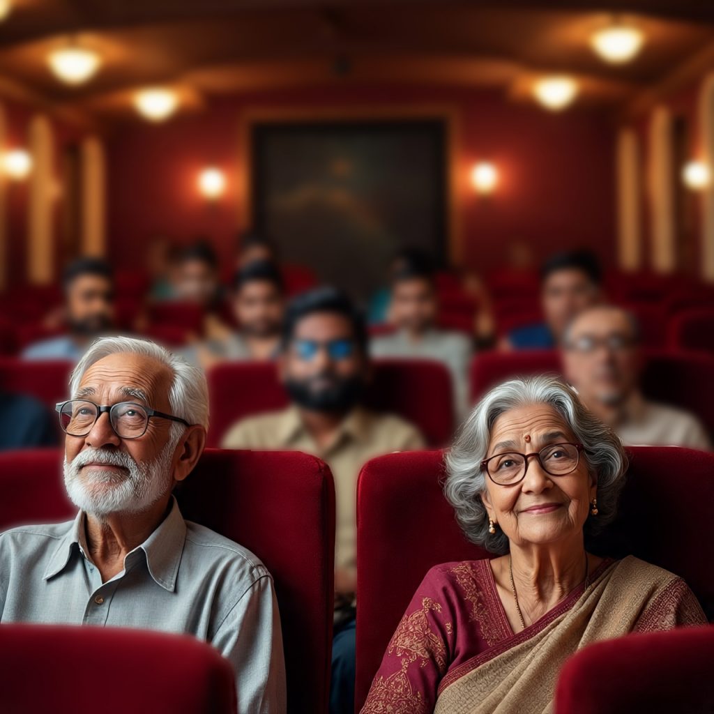 An elderly Indian couple sits smiling in a red-seated movie theater among other viewers.