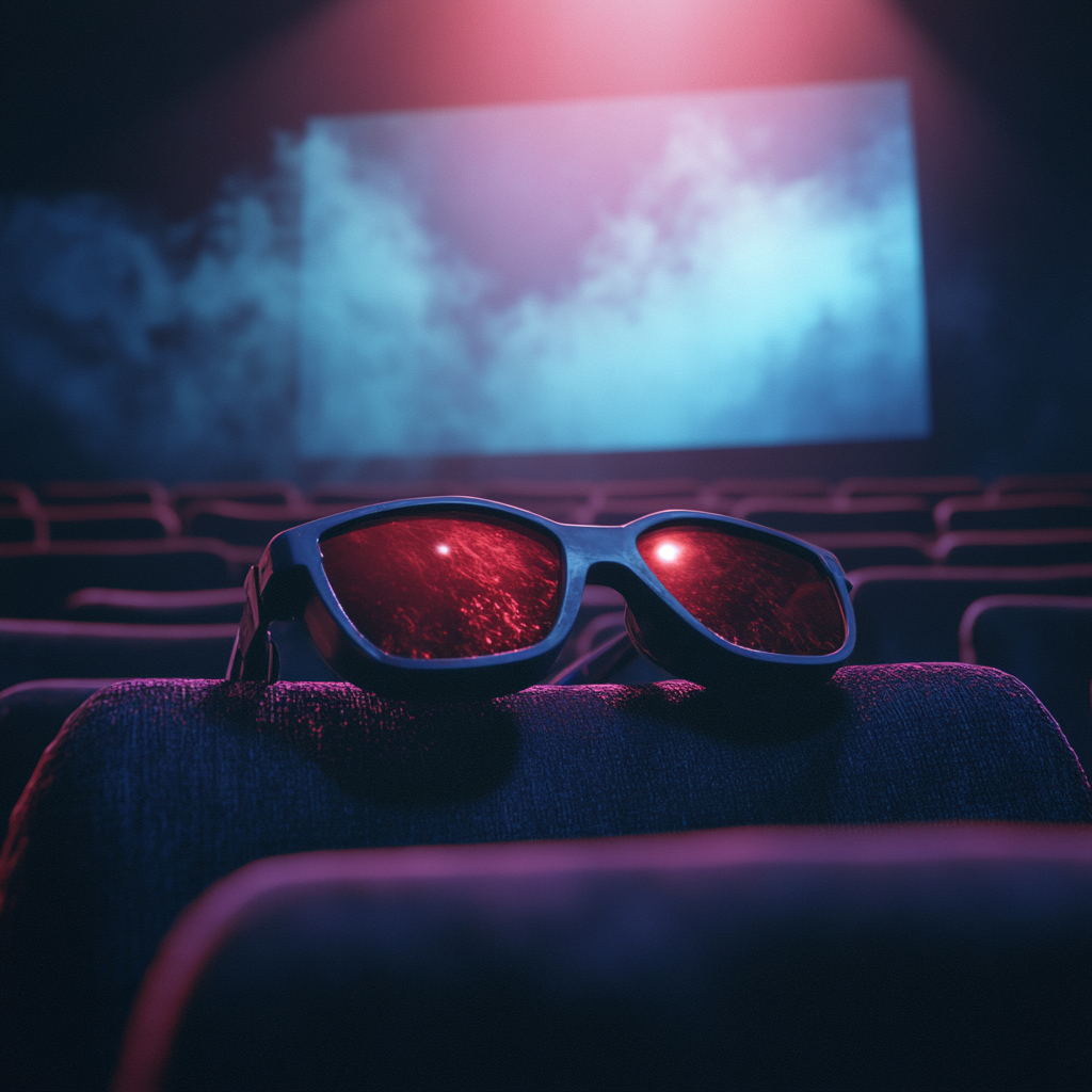 A pair of red-lensed 3D glasses resting on a theater seat in front of a glowing cinema screen with mist.