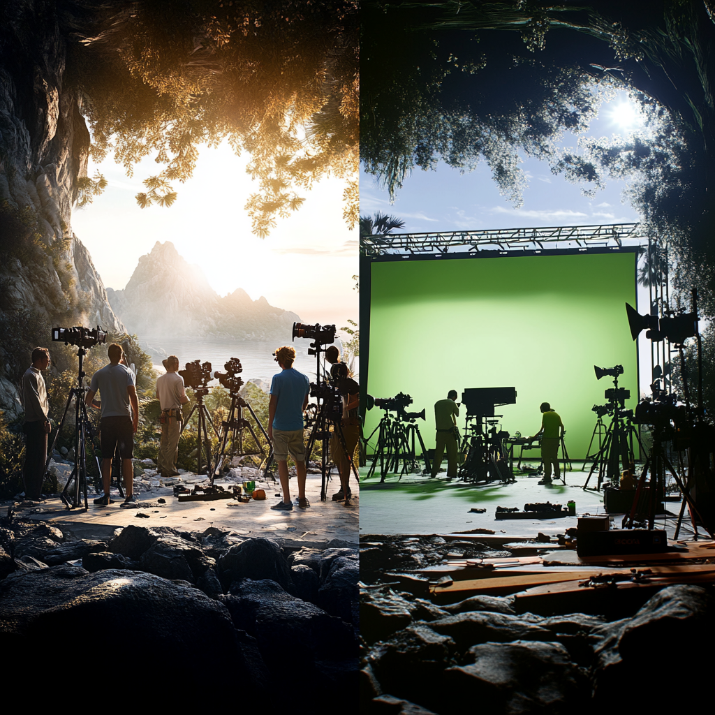 A split-screen showing a film crew shooting on a natural location and on a green screen set.