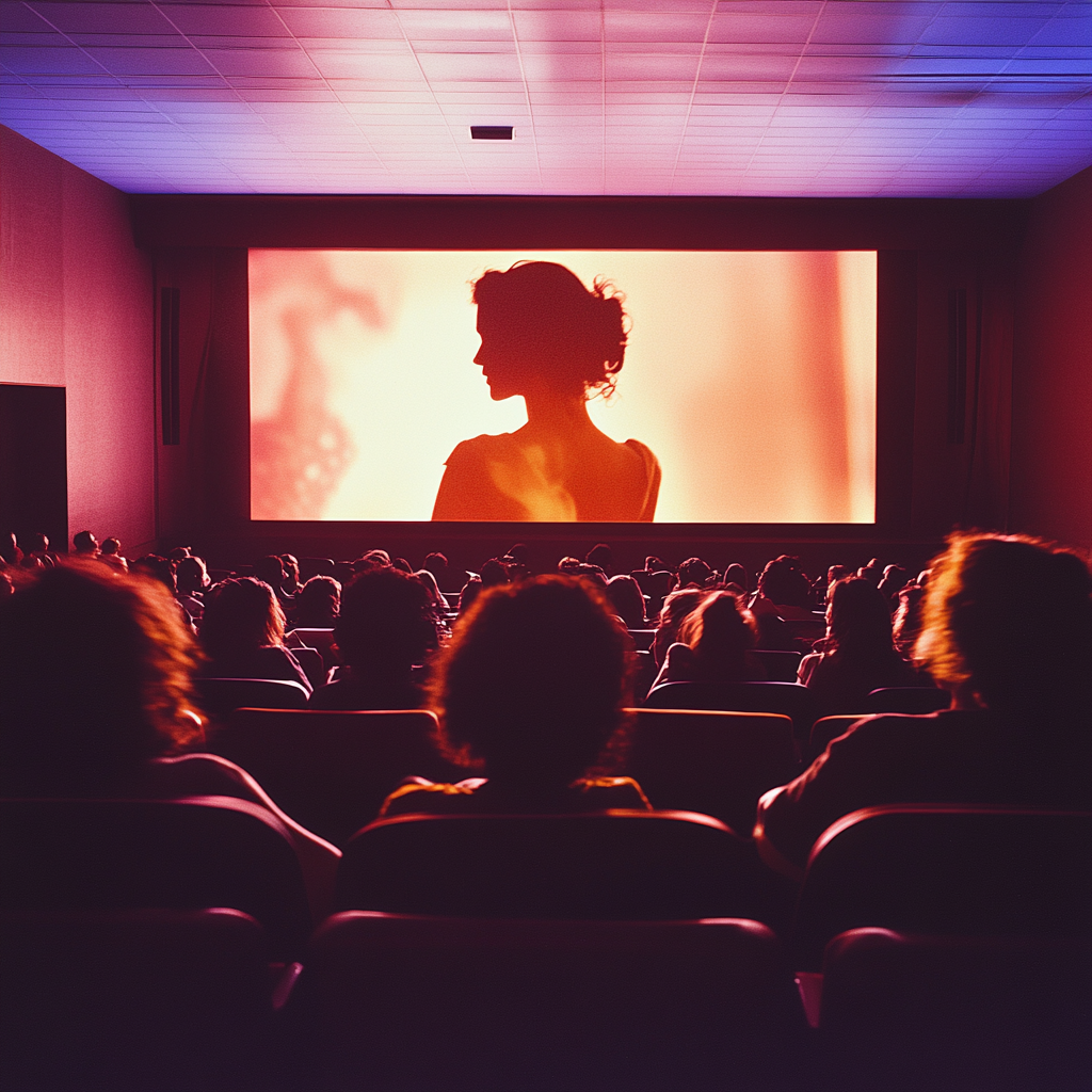 A movie theater filled with viewers watching a film showing a woman’s silhouette on a large screen.
